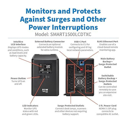 Eaton Tripp Lite Series Cloud-Connected 1500VA UPS Battery Backup & Surge Protector, Remote Management & Monitoring, 1000W, 10 Outlets, LCD Screen, Computer UPS