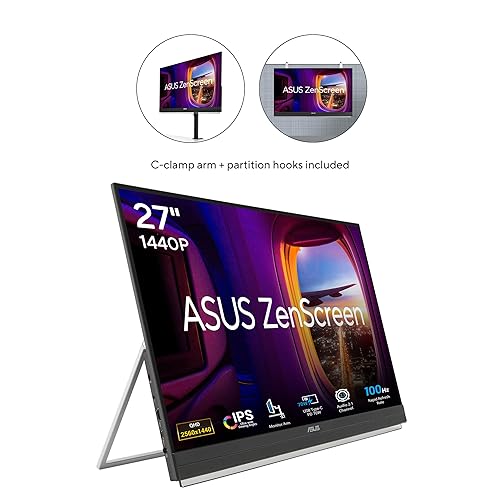 ASUS ZenScreen 27” 1440P Transportable Monitor (MB27ACF) - QHD (2560 x 1440), IPS, 100Hz, USB-C PD 70W, Speakers, Carrying Handle, Kickstand, C-clamp, Sub-woofer, 2.1 Channel Audio, 3 yr Warranty 27 QHD Multi-stand Design