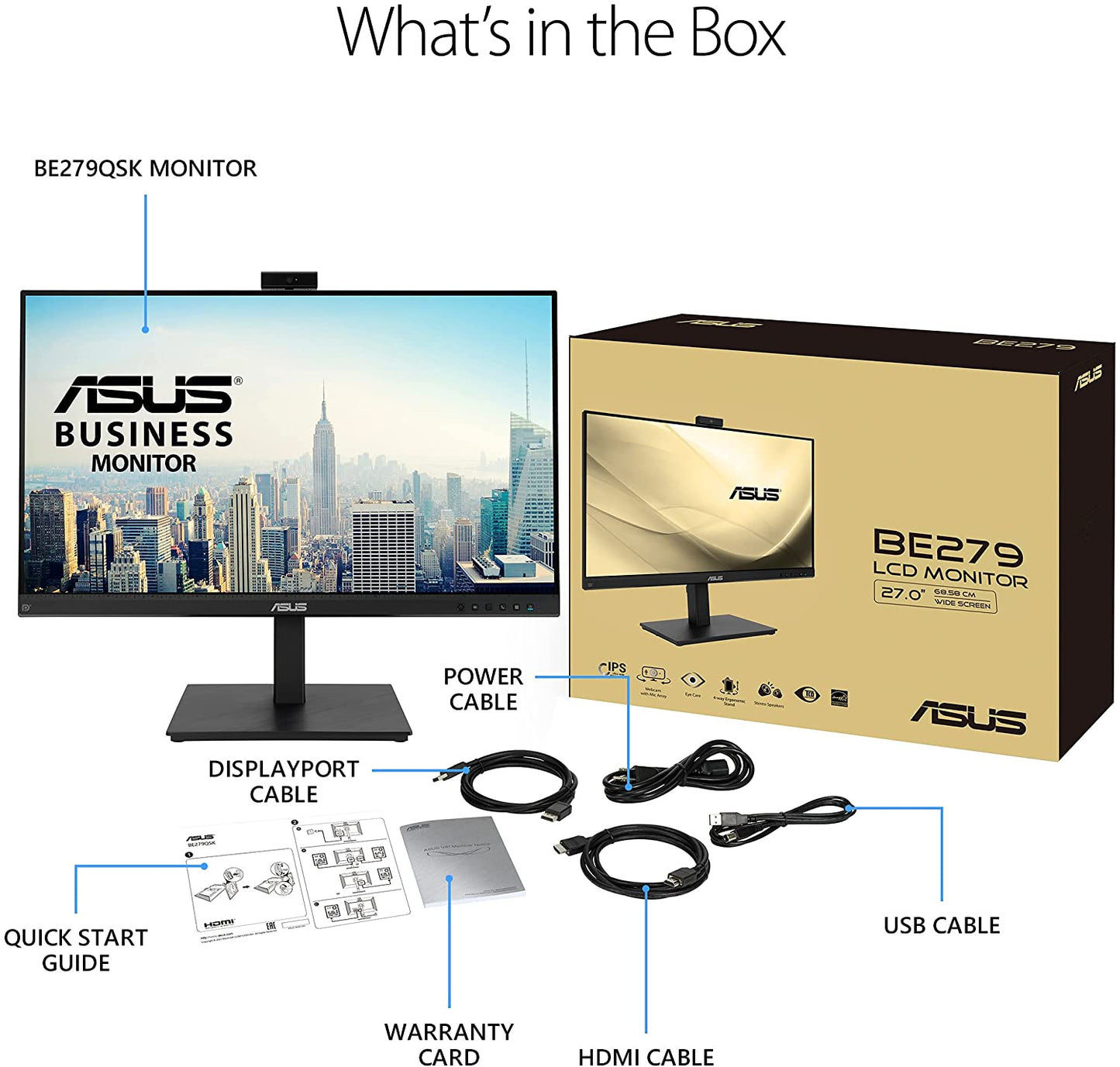 ASUS 27” 1080P Video Conference Monitor (BE279QSK) - Full HD, IPS, Built-in Adjustable 2MP Webcam, Mic Array, Speakers, Eye Care, Wall Mountable, Frameless, HDMI, DisplayPort, VGA, Height Adjustable 27" IPS w/Webcam &amp; DisplayPort