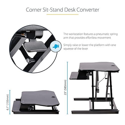 StarTech.com Corner Sit Stand Desk Converter with Keyboard Tray - Large Surface (35 x 21) - Height Adjustable Ergonomic Desktop/Tabletop Standing Workstation - Supports Dual Monitors (ARMSTSCORNR) Corner Desk