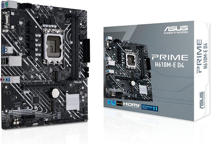ASUS Prime H610M-E D4 LGA 1700(Intel 12th Gen) mATX Motherboard (PCIe 4.0, DDR4,2xM.2 Slots,1Gb LAN,DisplayPort/HDMI/D-Sub, USB 3.2 Gen 1 Ports, SATA 6 Gbps, COM Header, RGB Header)