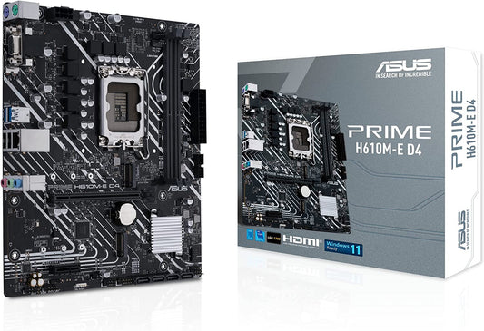 ASUS Prime H610M-E D4 LGA 1700(Intel 12th Gen) mATX Motherboard (PCIe 4.0, DDR4,2xM.2 Slots,1Gb LAN,DisplayPort/HDMI/D-Sub, USB 3.2 Gen 1 Ports, SATA 6 Gbps, COM Header, RGB Header)