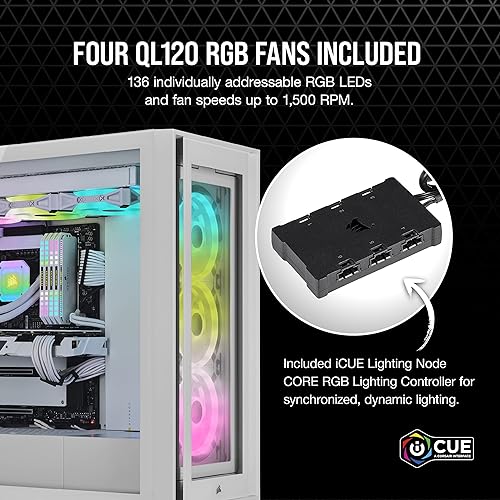 CORSAIR iCUE 5000X RGB QL Edition Mid-Tower Case - True White - Four CORSAIR QL120 RGB Fans - Included CORSAIR iCUE Lighting Node CORE - All-White Finish - Easy Cable Management - 136 Total RGB LEDs True White - QL Edition Smart Case