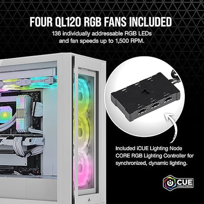 CORSAIR iCUE 5000X RGB QL Edition Mid-Tower Case - True White - Four CORSAIR QL120 RGB Fans - Included CORSAIR iCUE Lighting Node CORE - All-White Finish - Easy Cable Management - 136 Total RGB LEDs True White - QL Edition Smart Case