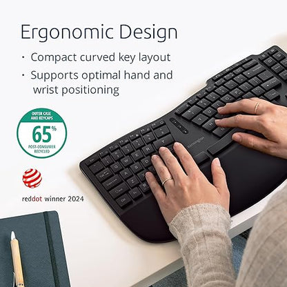 Kensington Pro Fit Ergo Wireless Keyboard, TKL, Split Keyboard, Ergonomic, Rechargeable, Bluetooth & 2.4GHz connection, Programmable Keys, Black, K75491US