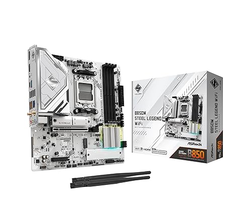 ASRock AMD B850M Steel Legend WiFi 7 Socket AM5 B850 Ryzen 9000, 8000 and 7000 Series DDR5 8000+ (OC) MHz 256GB Micro ATX Motherboard M.2 SATA3 6.0 Gb/s PCIe 5.0 BIOS Flashback