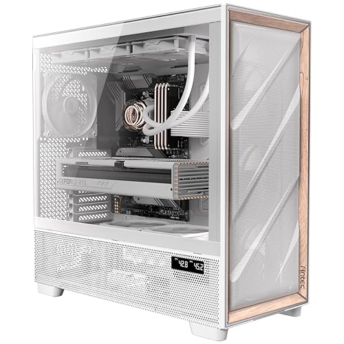 Antec Flux Pro White, 6 x PWM Fans Included, High-Airflow Front Panel with Walnut Wood, iShift PSU 90° Mount, USB3.0 x 2, Type-C, 420mm Radiator Support, Temp. Display, Full-Tower E-ATX PC Case