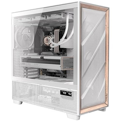 Antec Flux Pro White, 6 x PWM Fans Included, High-Airflow Front Panel with Walnut Wood, iShift PSU 90° Mount, USB3.0 x 2, Type-C, 420mm Radiator Support, Temp. Display, Full-Tower E-ATX PC Case
