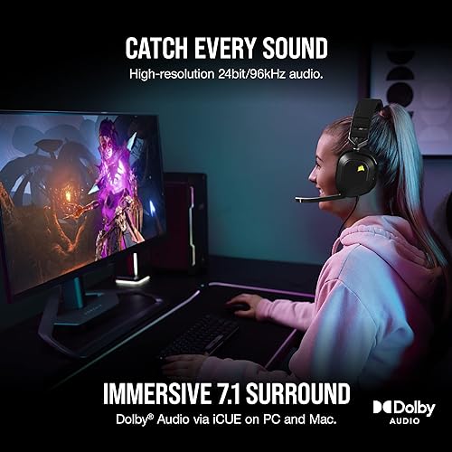 Corsair HS80 RGB USB Premium Gaming Headset with Dolby Audio 7.1 Surround Sound (Broadcast-Grade Omni-Directional Microphone, Memory Foam Earpads, High-Fidelity Sound, Durable Construction) Carbon Wired Black