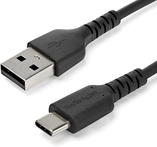 StarTech.com 2m USB A to USB C Charging Cable - Durable Fast Charge &amp; Sync USB 2.0 to USB Type C Data Cord - Rugged TPE Jacket Aramid Fiber M/M 60W Black - Samsung S10, iPad Pro, Pixel (RUSB2AC2MB) Black 2m