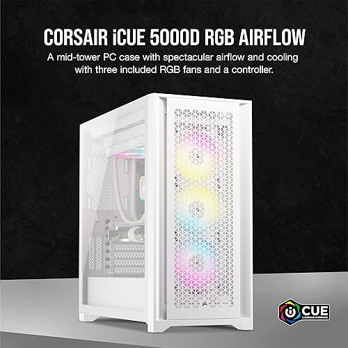 Corsair iCUE 5000D RGB Airflow Mid-Tower Case - 3X AF120 RGB Elite Fans - iCUE Lighting Node PRO Controller - High-Airflow Design - CORSAIR RapidRoute Cable Management System - True White