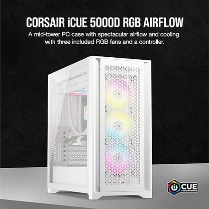 Corsair iCUE 5000D RGB Airflow Mid-Tower Case - 3X AF120 RGB Elite Fans - iCUE Lighting Node PRO Controller - High-Airflow Design - CORSAIR RapidRoute Cable Management System - True White