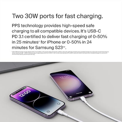 Belkin Dual USB C Charger Block 60W w/PPS Super Fast Charging - Samsung Galaxy S25, Apple iPhone 17, Air, Pro, Pro Max, iPad, AirPods, Apple Watch, Google Pixel, Nintendo Switch 2 - White