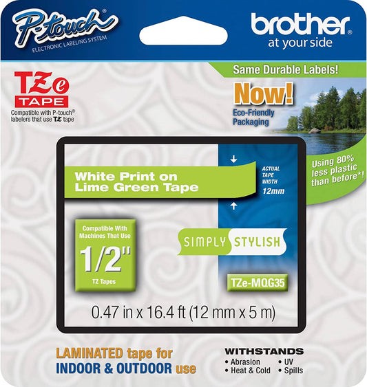Brother Genuine P-Touch TZE-MQG35 Tape, 1/2" (0.47") Laminated White on Lime Green Water-Resistant 0.47" x 16.4 ft (24mm x 8mm), Single-Pack White on Lime Green Tape