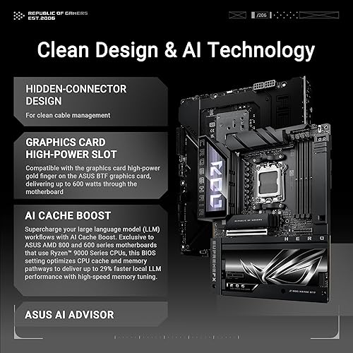 ASUS ROG Crosshair X870E Hero BTF AMD X870E ATX Board with Hidden-Connector Design and high-Power GPU Slot for Clean Cable Management, 18+2+2 Power, DDR5, WiFi 7, 5X M.2, PCIe 5.0, USB4, Advanced AI