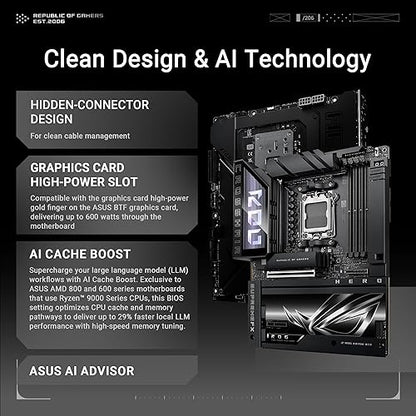ASUS ROG Crosshair X870E Hero BTF AMD X870E ATX Board with Hidden-Connector Design and high-Power GPU Slot for Clean Cable Management, 18+2+2 Power, DDR5, WiFi 7, 5X M.2, PCIe 5.0, USB4, Advanced AI