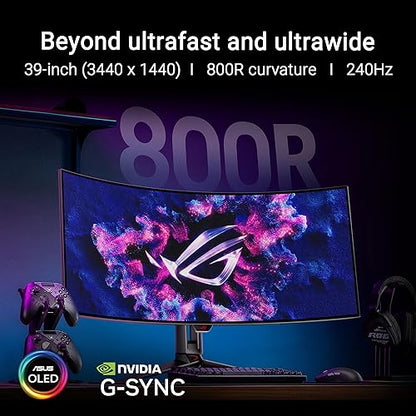 ASUS ROG Swift 39” Ultrawide 800R Curved OLED Gaming Monitor (PG39WCDM) - 21:9 (3440x1440), 240Hz, 0.03ms, G-SYNC Compatible, Custom Heatsink, Smart KVM, 90W USB-C, DisplayWidget, 3 yr Warranty