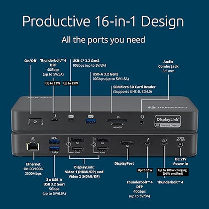 Kensington SD5910T DisplayLink Docking Station Thunderbolt 4, Quad 4K for MacBook Pro/Air M1/M2/M3/M4 with Pro and Max Chipsets, 100W PD, HDMI/DP/TB4, SD/Micro SD Card Slots (K35233NA)