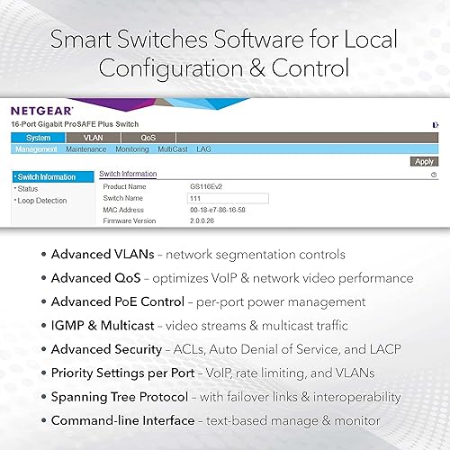 NETGEAR 28-Port PoE Gigabit Ethernet Smart Switch (GS728TP) - Managed, Optional Insight Cloud Management, 24 x PoE+ @ 190W, 4 x 1G SFP, Desktop or Rackmount, and Limited Lifetime Protection