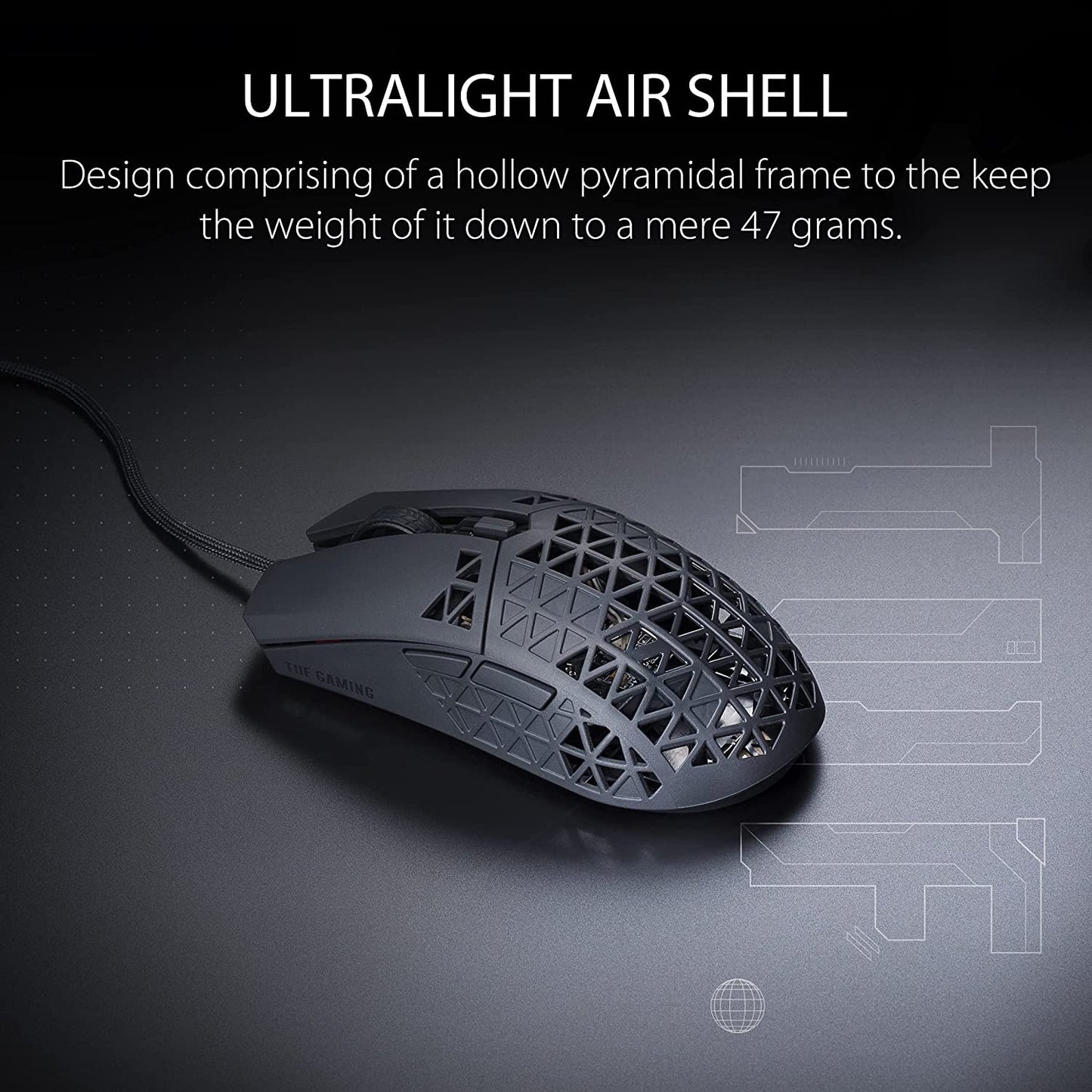 ASUS TUF Gaming M4 Air Lightweight Gaming Mouse | 16,000 dpi Sensor, Programmable Buttons, 47g Ultralight Air Shell, IPX6 Water Resistance, TUF Gaming Paracord and Low Friction PTFE Feet, Black