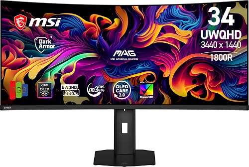 msi MAG 341CQP QD-OLED X28 34 UWQHD Tandem QD-OLED Monitor,3440x1440,1800R,RGB Stripe,DarkArmor Film,Uniform Luminance,280Hz,0.03ms,AI Care Sensor,AMD FreeSync Premium Pro,NVIDIA G-SYNC Compatible
