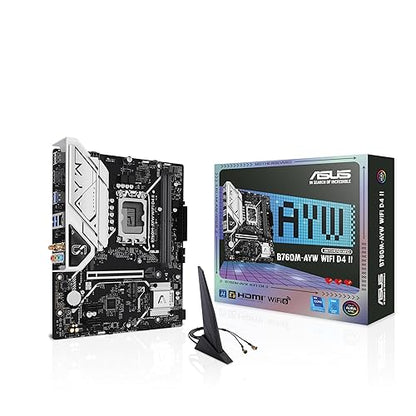 ASUS B760M-AYW WiFi D4 II Intel® B760 (LGA 1700) microATX mATX Motherboard, PCIe 5.0 x16 Support, Two M.2 Slots, DDR4, Realtek 2.5Gb Ethernet, Wi-Fi 6, HDMI, SATA 6 Gbps, Front USB 5Gbps, Aura Sync