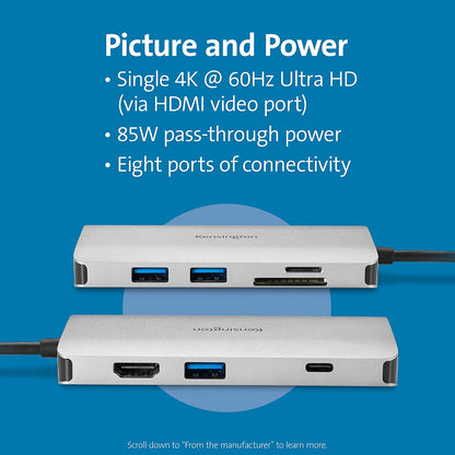 Kensington UH1400P USB-C 8-in-1 Driverless Mobile Hub with 85W Power Charging for USB-C Laptops (K33820WW) 8-in-1 w/passthru power