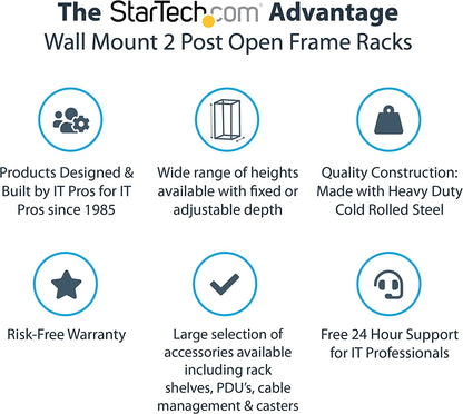 StarTech.com 12U 19" Wall Mount Network Rack - 12" Deep 2 Post Open Frame Server Room Rack for Data/AV/IT/Computer Equipment/Patch Panel with Cage Nuts &amp; Screws 200lb Capacity, Black (RK12WALLO) 12U Rack