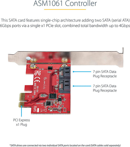 StarTech.com SATA PCIe Card - 2 Port PCIe SATA Expansion Card - 6Gbps - Full/Low Profile - PCI Express to SATA Adapter/Controller - ASM1061 Non-Raid - PCIe to SATA Converter (2P6G-PCIE-SATA-CARD) Non-RAID 2 Port