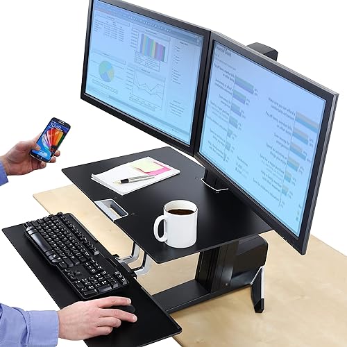 Ergotron – WorkFit-S Dual Monitor Standing Desk Converter, Sit Stand Workstation for Tabletops – With Worksurface, Black With Worksurface Black