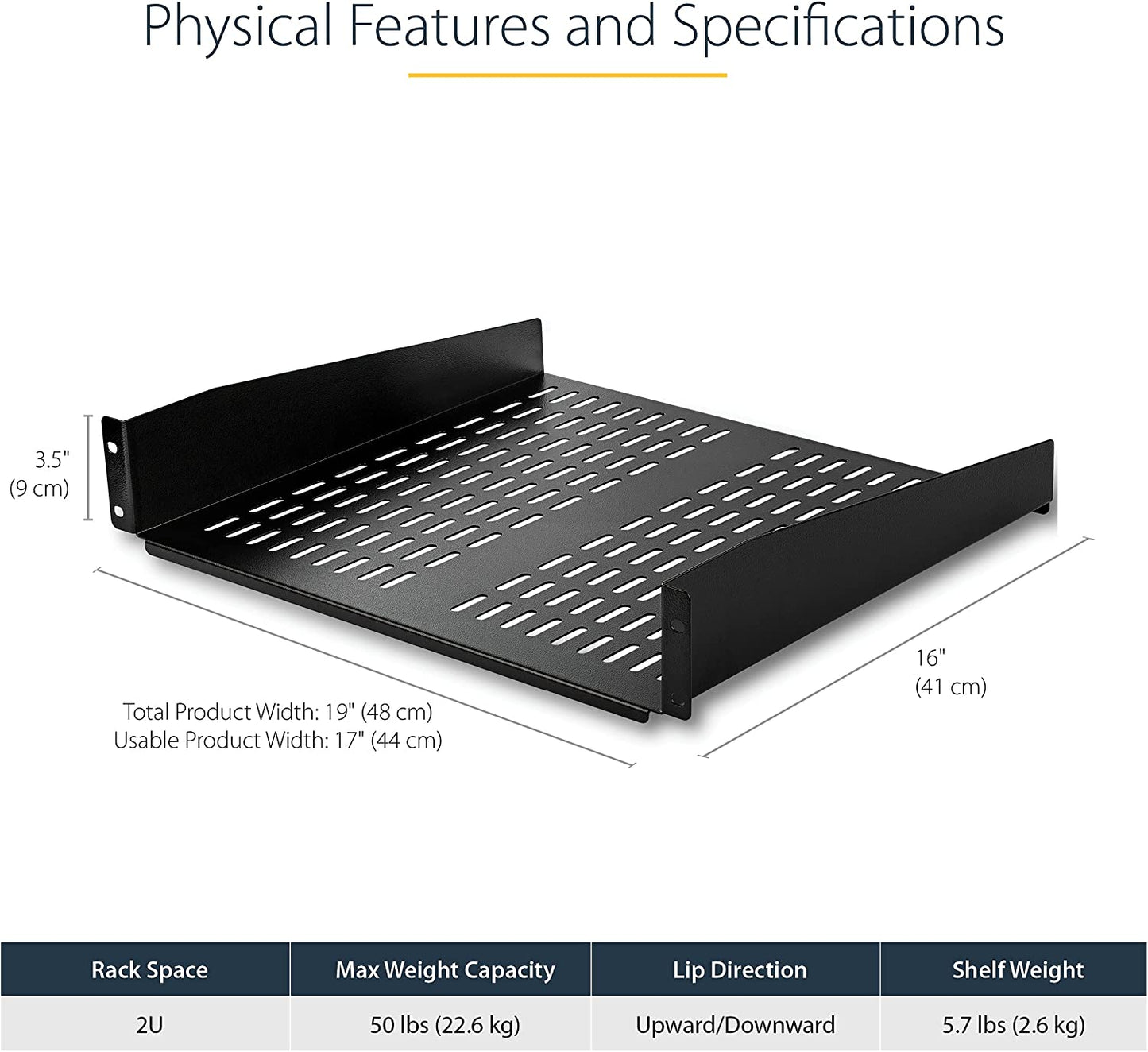 StarTech.com 2U Server Rack Shelf - Universal Vented Rack Mount Cantilever Tray for 19" Network Equipment Rack &amp; Cabinet - Heavy Duty Steel - Weight Capacity 50lb/23kg - 16" Deep Shelf (CABSHELFV) 2U 16" Depth Rack Shelf
