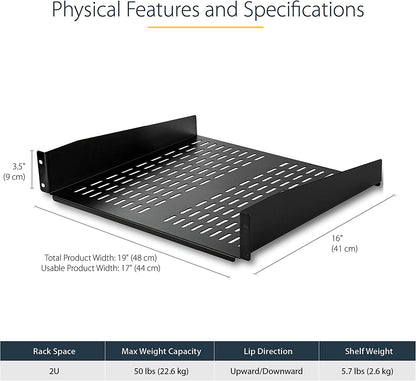 StarTech.com 2U Server Rack Shelf - Universal Vented Rack Mount Cantilever Tray for 19" Network Equipment Rack &amp; Cabinet - Heavy Duty Steel - Weight Capacity 50lb/23kg - 16" Deep Shelf (CABSHELFV) 2U 16" Depth Rack Shelf