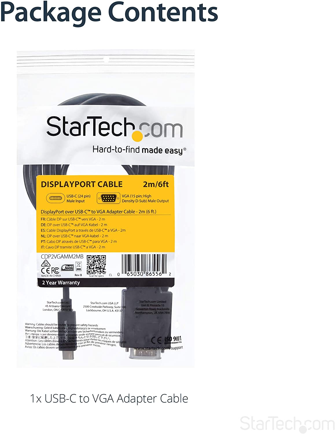 StarTech.com 6ft/2m USB C to VGA Cable - 1920x1200/1080p USB Type C to VGA Video Active Adapter Cable - Thunderbolt 3 Compatible - Laptop to VGA Monitor/Projector - DP Alt Mode HBR2 (CDP2VGAMM2MB) 6.6 feet