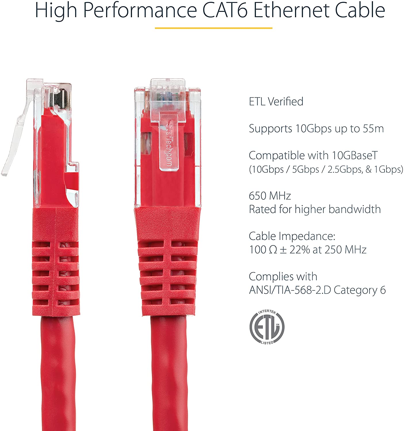 StarTech.com 5ft CAT6 Ethernet Cable - Red CAT 6 Gigabit Ethernet Wire -650MHz 100W PoE++ RJ45 UTP Molded Category 6 Network/Patch Cord w/Strain Relief/Fluke Tested UL/TIA Certified (C6PATCH5RD) Red 5 ft / 1.5 m 1 Pack