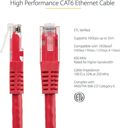 StarTech.com 6ft CAT6 Ethernet Cable - Red CAT 6 Gigabit Ethernet Wire -650MHz 100W PoE++ RJ45 UTP Molded Category 6 Network/Patch Cord w/Strain Relief/Fluke Tested UL/TIA Certified (C6PATCH6RD) Red 6 ft / 1.82 m 1 Pack