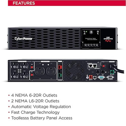 CyberPower PR3000RTXL2UHVAN Smart App Sinewave UPS System, 3000VA/3000W, 6 Outlets, 2U Rack/Tower, RMCARD205 Pre-Installed, EBM Option