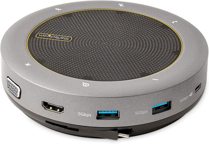 StarTech.com USB-C Conference Speaker Mini Dock, Portable Boardroom Speaker and Multiport Adapter, USB-C to VGA/4K HDMI, 2X USB-A Hub, Mic/Speaker, Teams/Zoom/Softphone Speakerphone (DKTBRSPMPD)