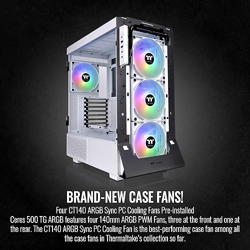 Thermaltake Ceres 500 Snow Edition Mid Tower E-ATX Computer Case with Tempered Glass Side Panel; 4 Preinstalled PWM ARGB Fans; Rotational PCIe Slots & GPU Holder; CA-1X5-00M6WN-00; 3 Years Warranty