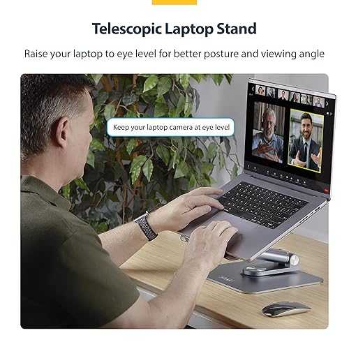 StarTech.com Telescopic Laptop Stand, 360 Swivel Base, Rotating Computer Riser for Desk, Adjustable Height/Tilt, Max 11lb/5kg