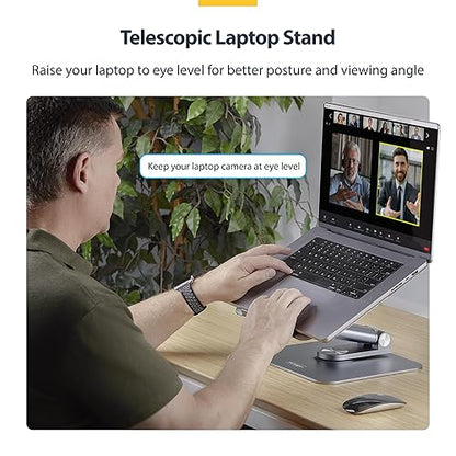 StarTech.com Telescopic Laptop Stand, 360 Swivel Base, Rotating Computer Riser for Desk, Adjustable Height/Tilt, Max 11lb/5kg