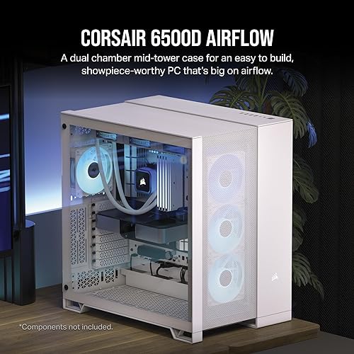CORSAIR 6500D Airflow Mid-Tower ATX Dual Chamber PC Case – Tempered Glass – Reverse Connection Motherboard Compatible – No Fans Included – White Airflow White