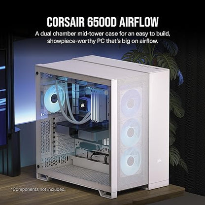 CORSAIR 6500D Airflow Mid-Tower ATX Dual Chamber PC Case – Tempered Glass – Reverse Connection Motherboard Compatible – No Fans Included – White Airflow White