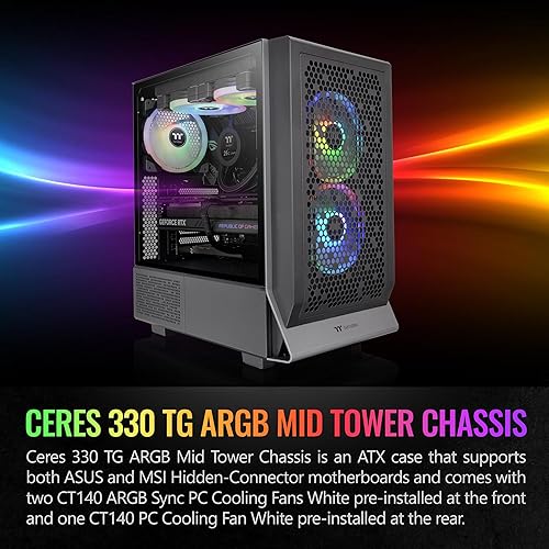 Thermaltake Ceres 330 TG ARGB Black Mid Tower E-ATX Case Supports Hidden-Connector Motherboard; Preinstalled 2 x CT140 ARGB Fans; Rotational PCIe Slots; CA-1Y2-00M1WN-01; 3 Year Warranty