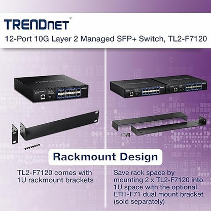 TRENDnet 12-Port 10G Layer 2 Managed SFP+ Switch, TL2-F7120, 12 x 10G SFP+ Ports, 240Gbps Switching Capacity, Supports 10GBASE-X / 1000BASE-FX SFP Fiber Modules, Black Layer 2 Switch