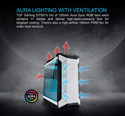 ASUS TUF Gaming GT501 White Edition Mid-Tower Computer Case for up to EATX Motherboards with 2 x USB 3.1 Front Panel, Smoked Tempered Glass, Steel Construction, and Four Case Fans TUF GT501 White