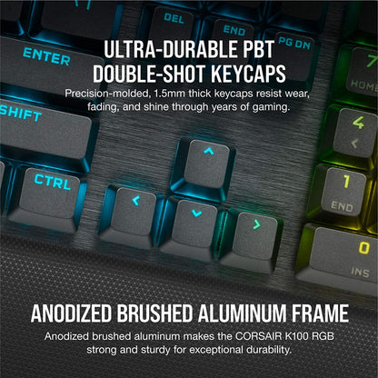 Corsair K100 RGB Optical-Mechanical Gaming Keyboard - Corsair OPX RGB Optical-Mechanical Keyswitches - AXON Hyper-Processing Technology for 4X Faster Throughput - 44-Zone RGB LightEdge Optical Gaming Keyboard
