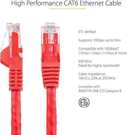 StarTech.com 15ft CAT6 Ethernet Cable - Red CAT 6 Gigabit Ethernet Wire -650MHz 100W PoE RJ45 UTP Network/Patch Cord Snagless w/Strain Relief Fluke Tested/Wiring is UL Certified/TIA (N6PATCH15RD) Red 15 ft / 4.5 m 1 Pack