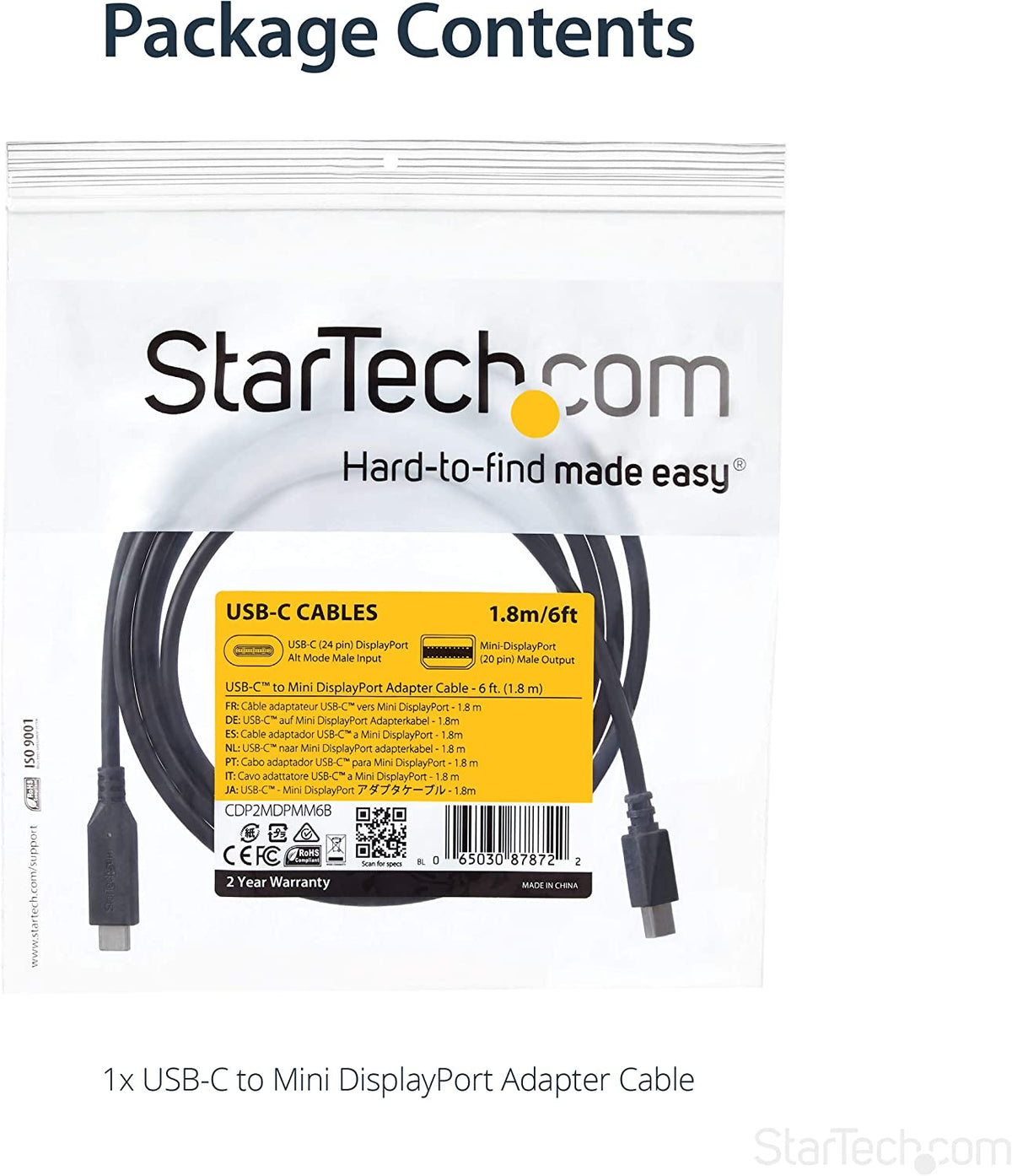 StarTech.com 6ft / 2m USB-C to Mini DisplayPort Cable - 4K 60Hz - Black - USB 3.1 Type C to mDP Adapter (CDP2MDPMM6B) 6 feet