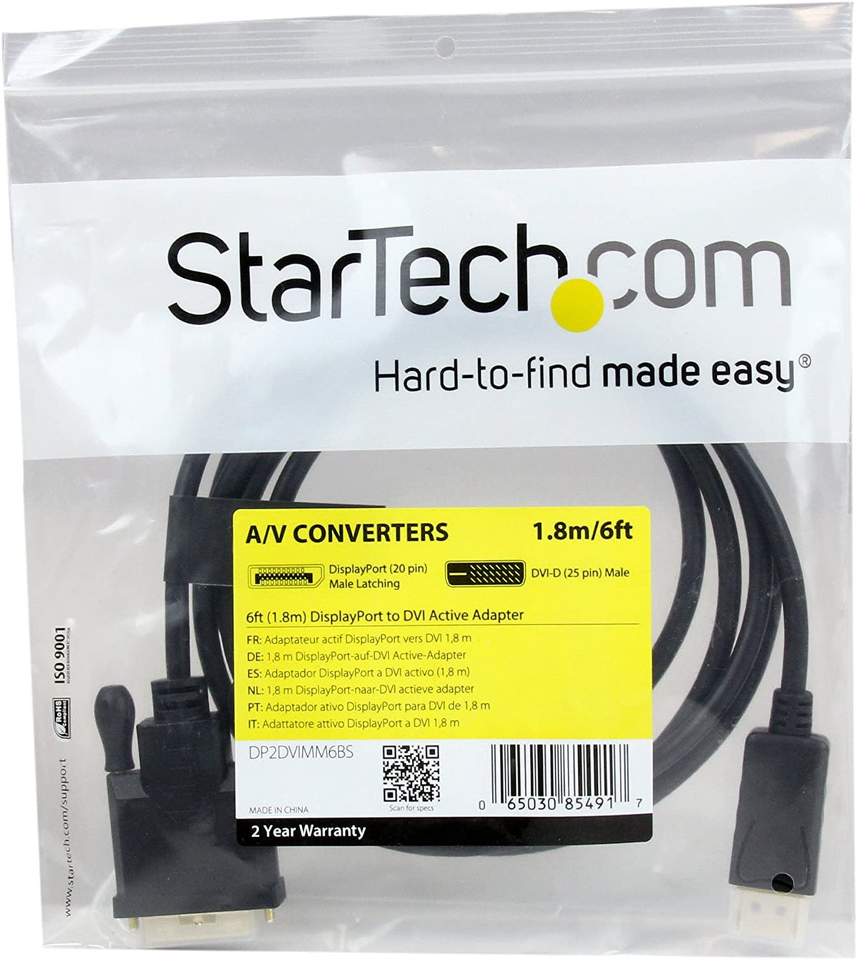 StarTech.com 6ft (1.8m) DisplayPort to DVI Cable - 1080p Video - Active DisplayPort to DVI Adapter Cable - DisplayPort to DVI-D Cable Single Link - DP 1.2 to DVI Monitor Cable Converter (DP2DVIMM6BS) 6 ft / 2 m