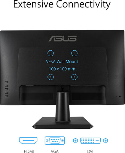ASUS 23.8” 1080P Monitor (VA247HE) - Full HD, 75Hz, Adaptive-Sync/FreeSync™, Low Blue Light, Flicker Free, Eye Care Plus, VESA Mountable, Frameless, HDMI, DVI, VGA, Tilt Adjustable 23.8" FHD 75hz Frameless Monitor